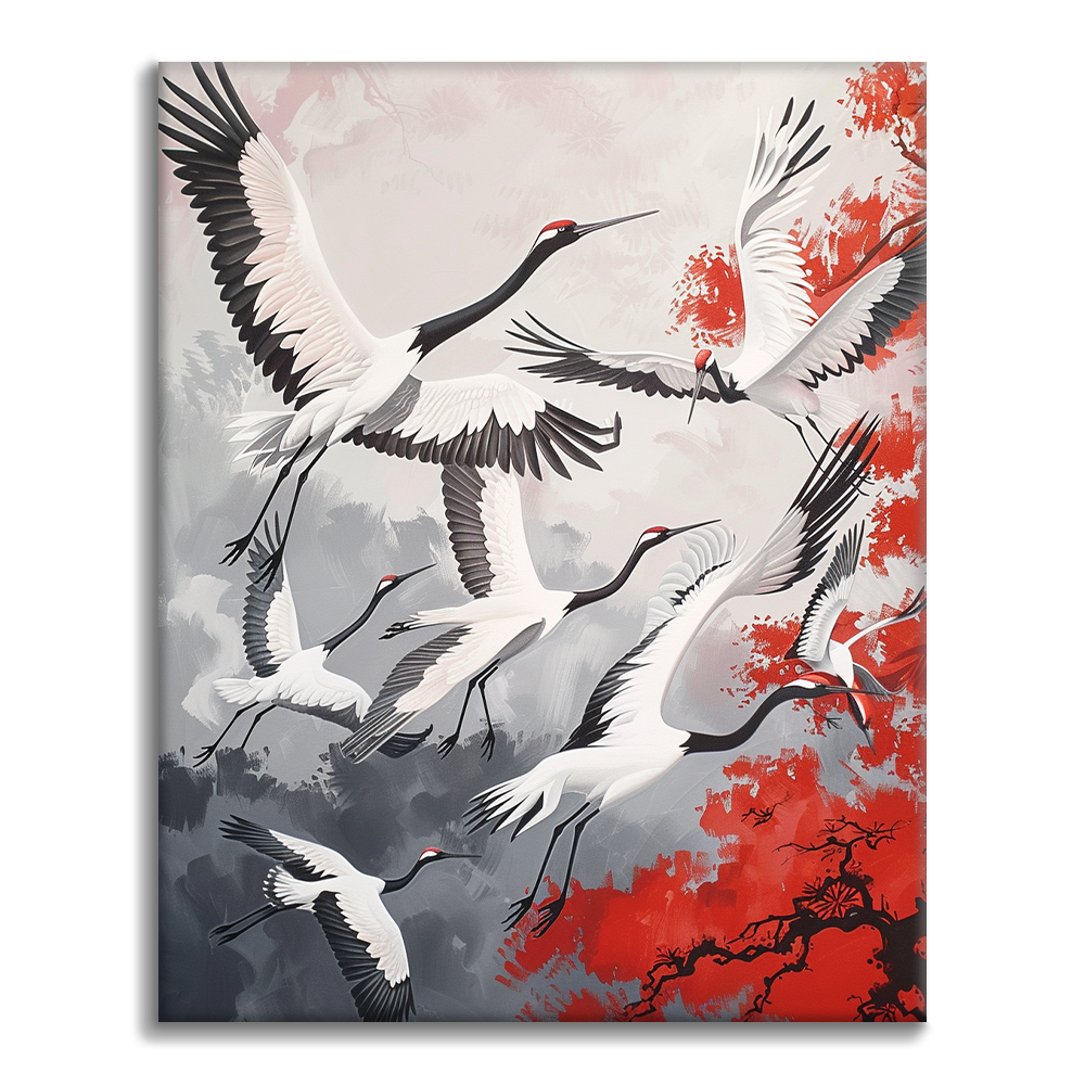 Groupe de grues à couronne rouge – Peinture par numéros