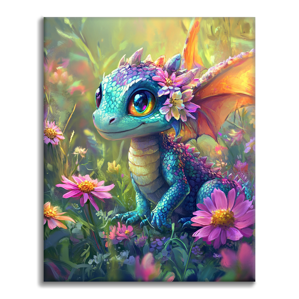 Dragon coloré au milieu des fleurs – Peinture par numéros