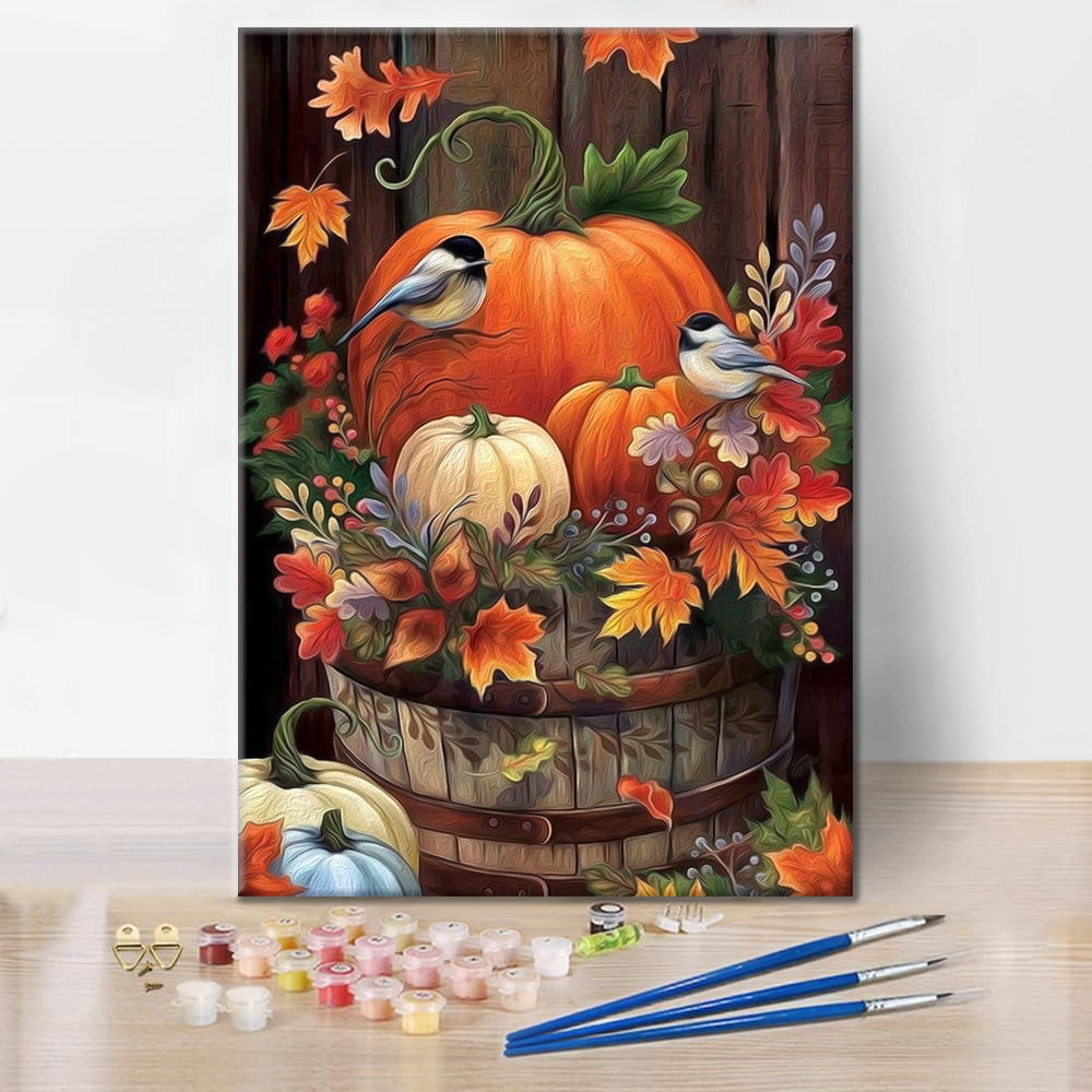 Feuilles d'automne de citrouille et d'oiseau - Peinture par numéros