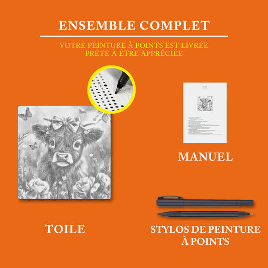 Adorable veau des Highlands avec des fleurs - Peinture à Points