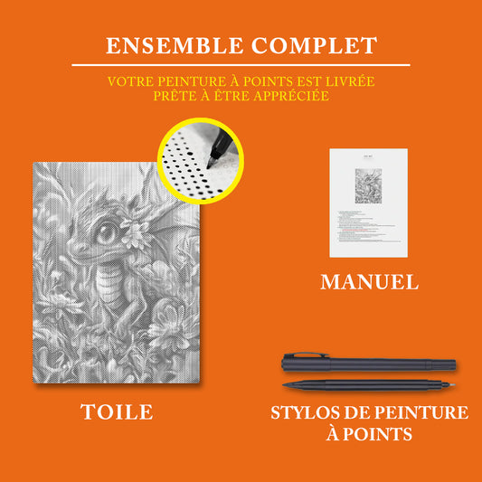 Dragon coloré au milieu des fleurs - Peinture à Points