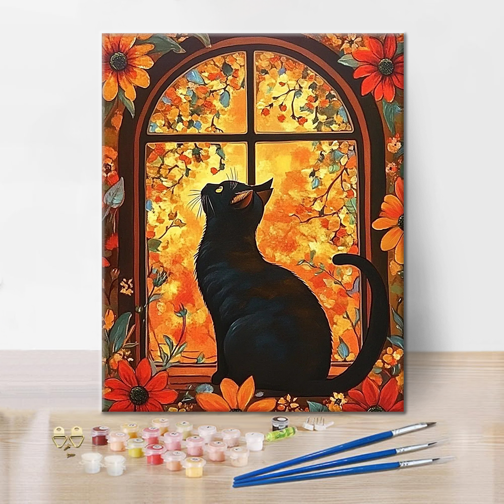 Chat devant une fenêtre fleurie - Peinture par numéros