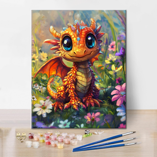 Joyeux petit dragon dans le champ de fleurs - Peinture par numéros