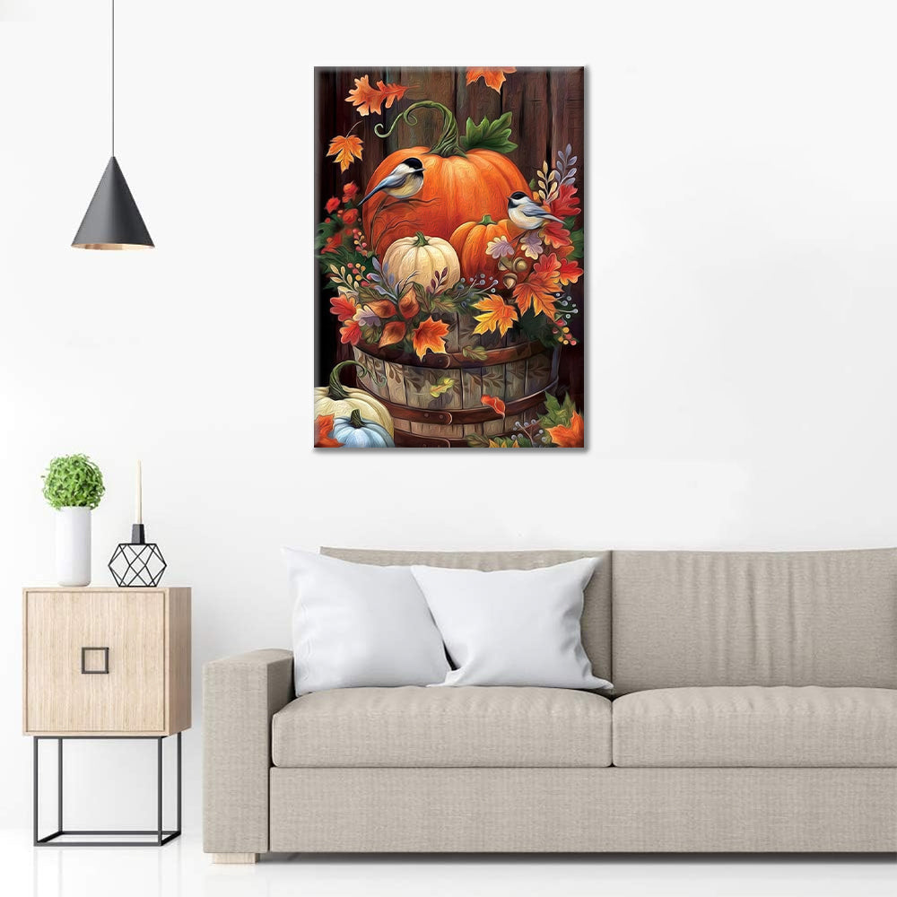Feuilles d'automne de citrouille et d'oiseau - Peinture par numéros