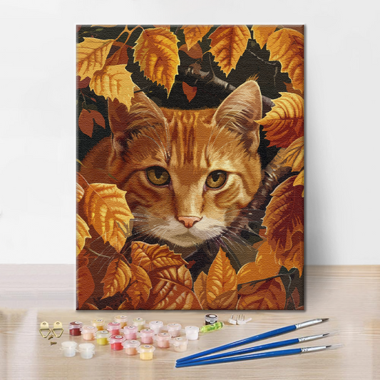 Feuilles et chat – Peinture par numéros