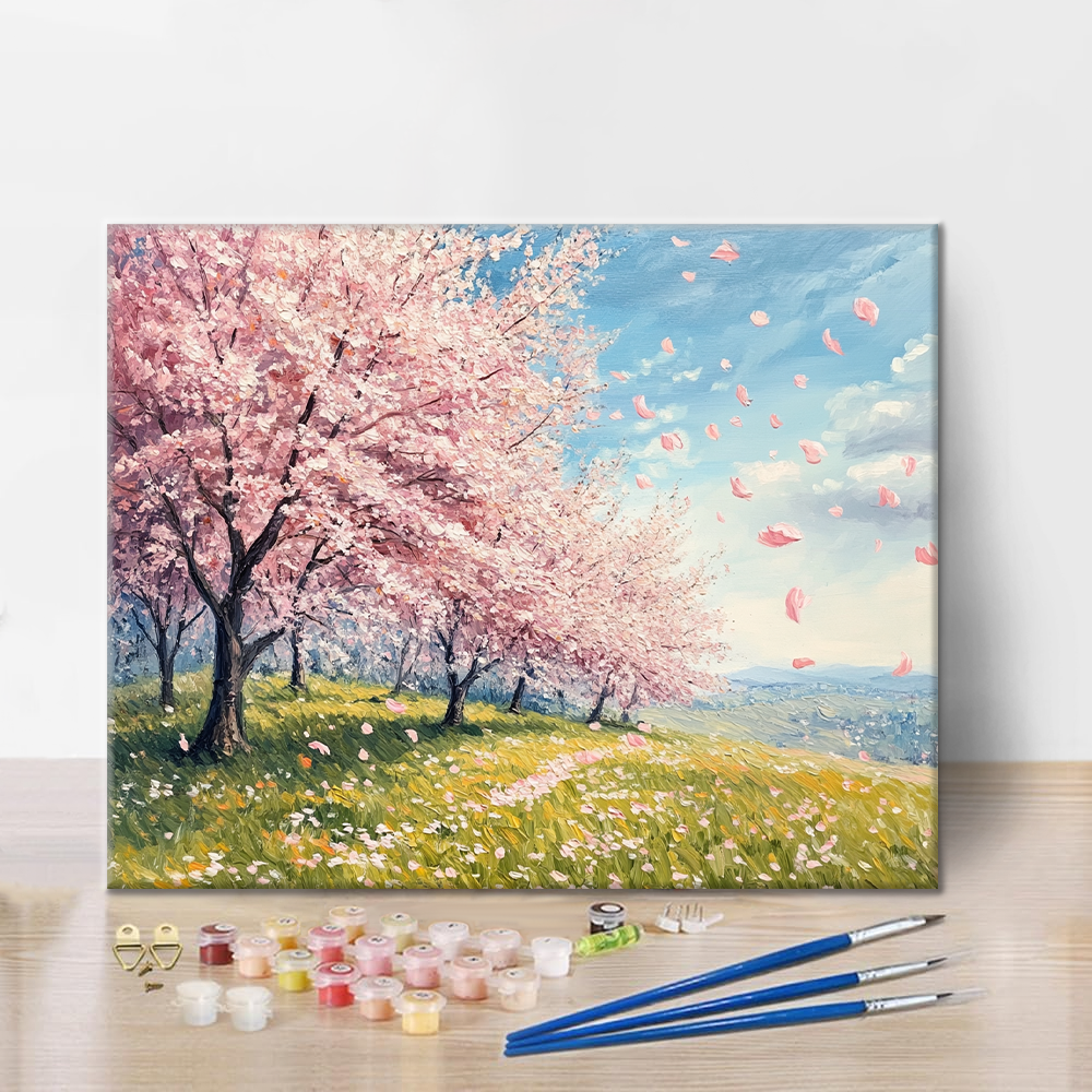 Champs de cerisiers en fleurs - Peinture par numéros
