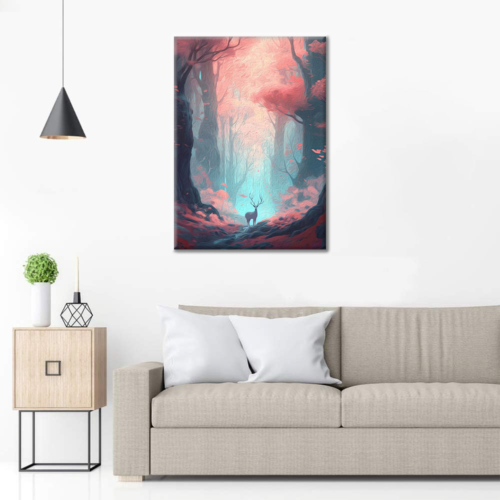 Un cerf erre dans une forêt colorée - Peinture par numéros