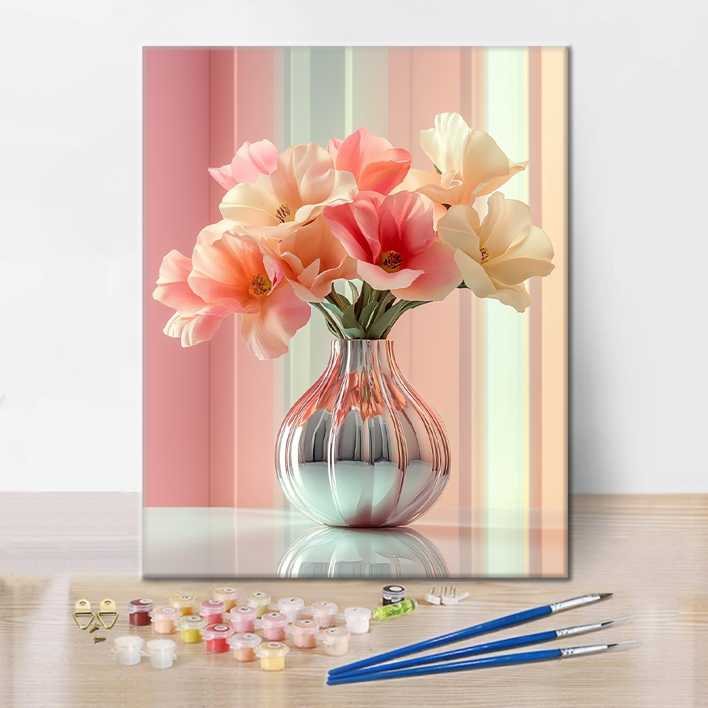 Vase élégant avec tulipes roses et blanches - Peinture par numéros