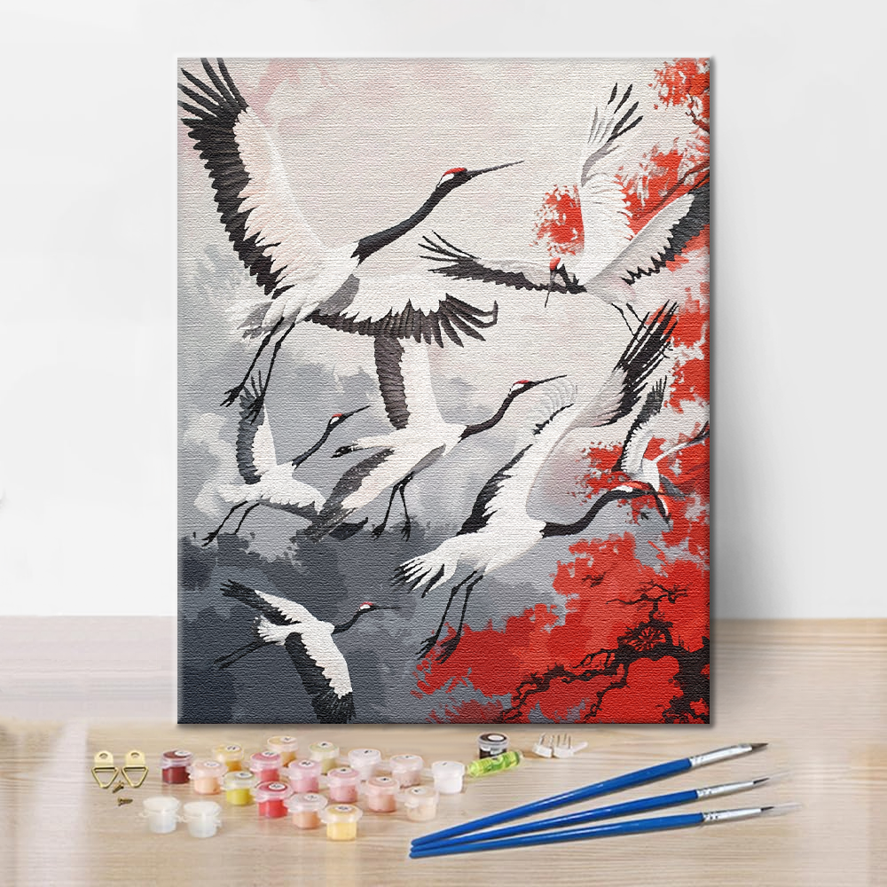 Groupe de grues à couronne rouge – Peinture par numéros
