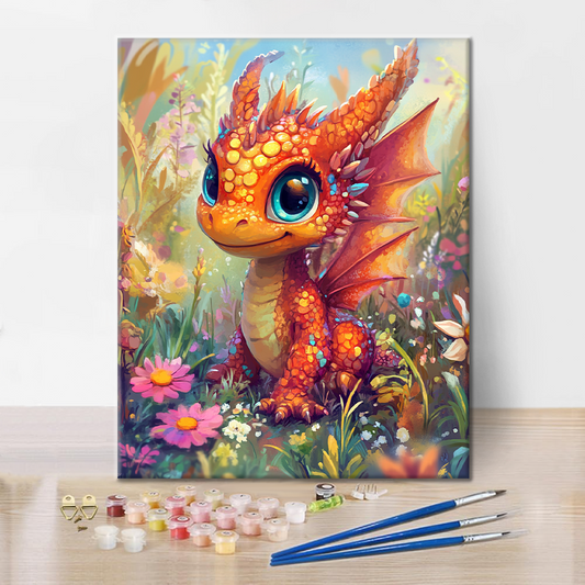 Bébé dragon orange au pays des merveilles des fleurs - Peinture par numéros