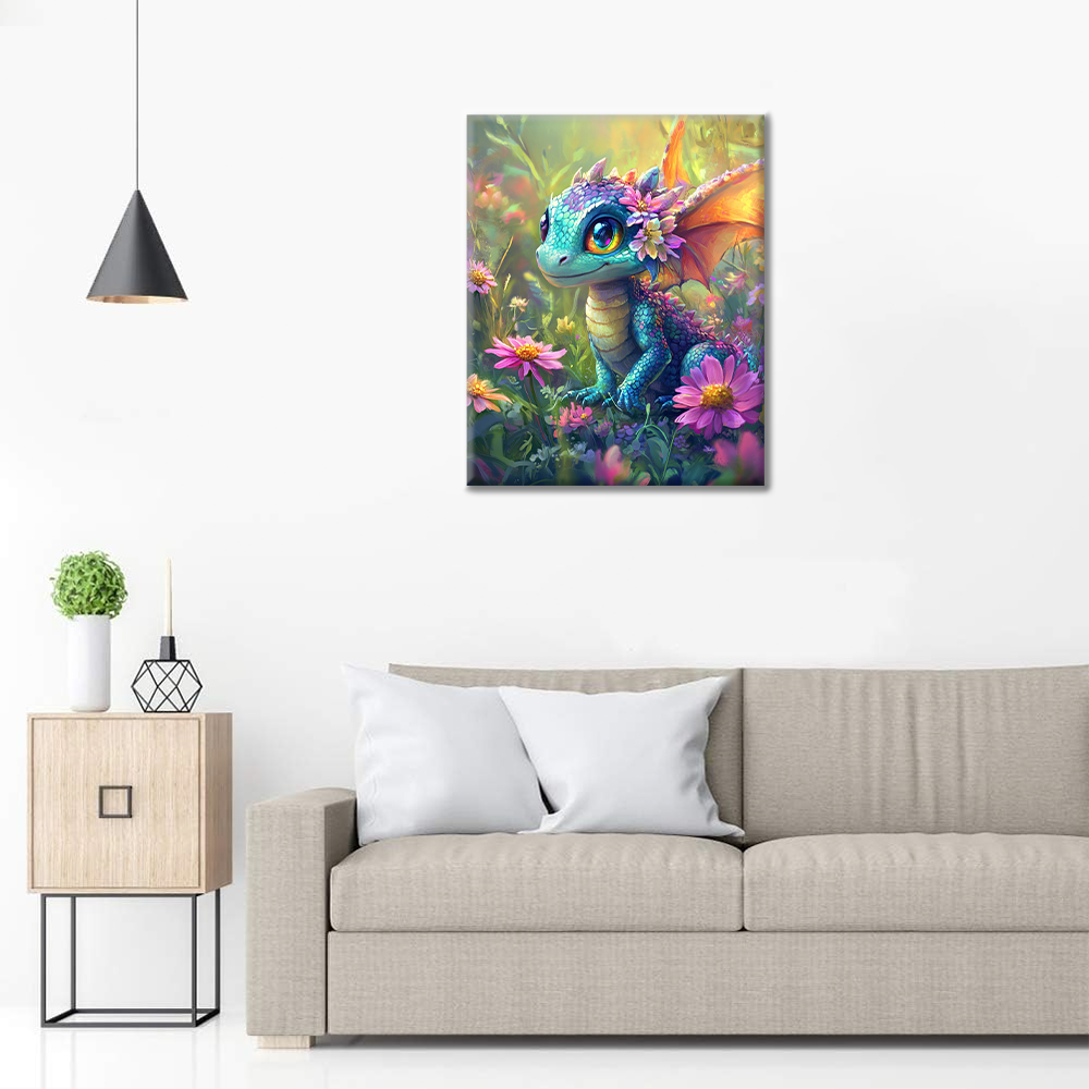 Dragon coloré au milieu des fleurs – Peinture par numéros