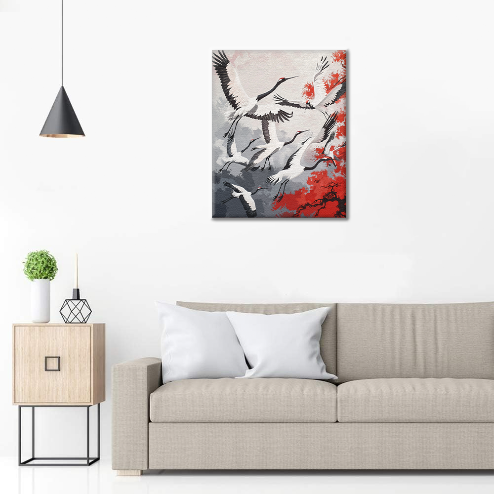 Groupe de grues à couronne rouge – Peinture par numéros