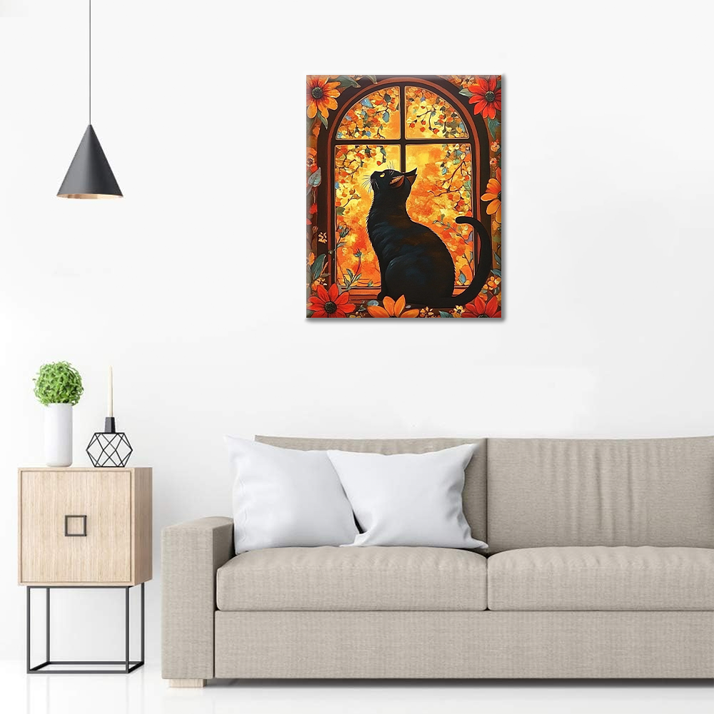 Chat devant une fenêtre fleurie - Peinture par numéros