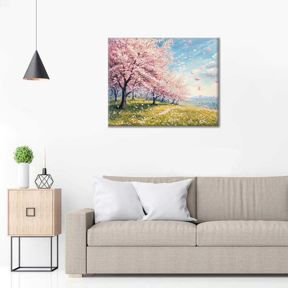 Champs de cerisiers en fleurs - Peinture par numéros