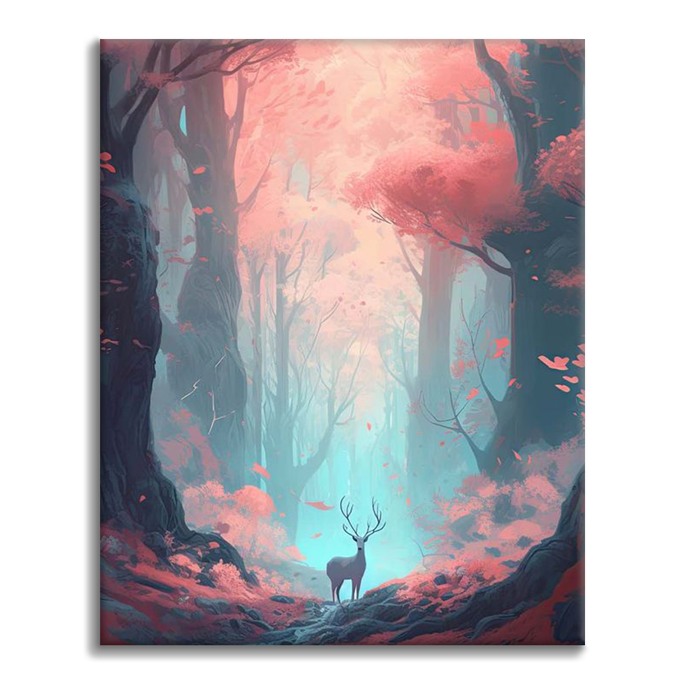Un cerf erre dans une forêt colorée - Peinture par numéros