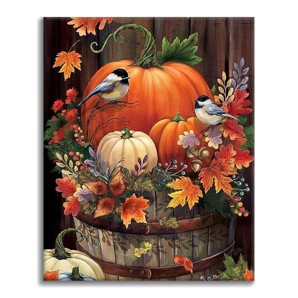 Feuilles d'automne de citrouille et d'oiseau - Peinture par numéros