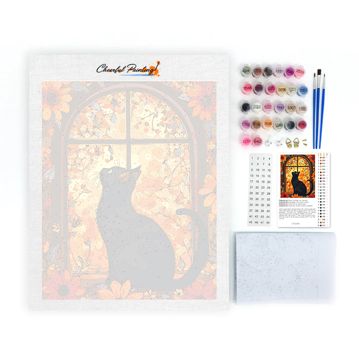 Chat devant une fenêtre fleurie - Peinture par numéros