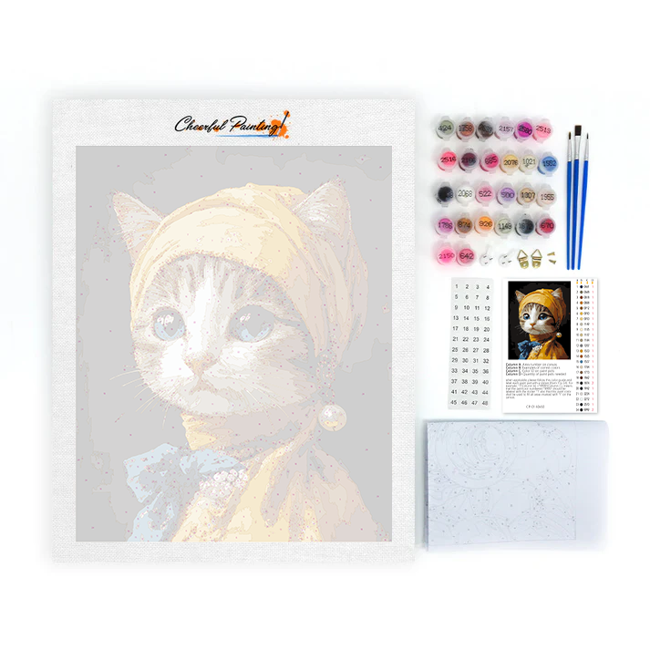 Chat avec Boucle d'Oreille en Perle - Peinture par Numéros
