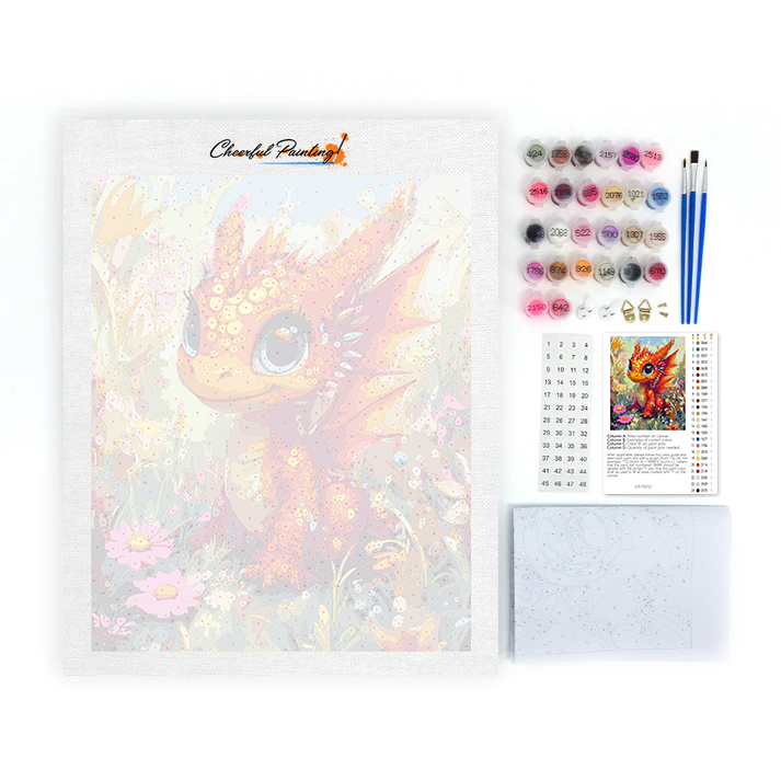 Bébé dragon orange au pays des merveilles des fleurs - Peinture par numéros