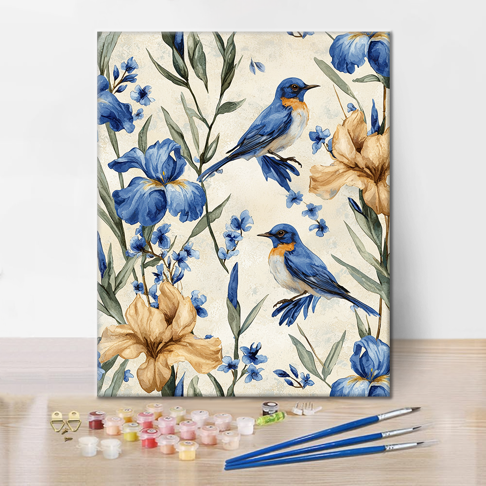 Oiseau Bleu et Iris - Peinture par Numéros