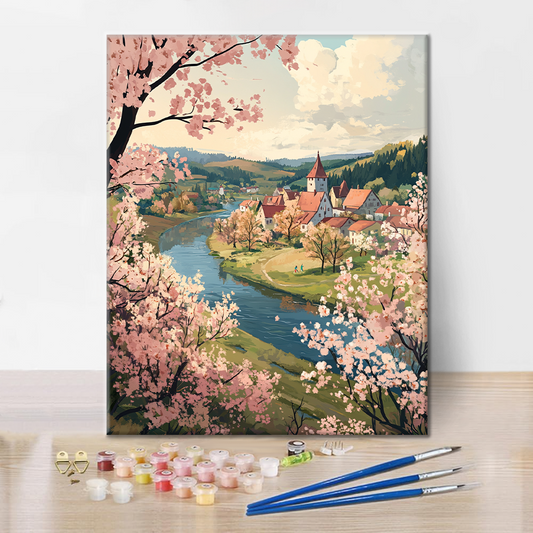 Village Fluvial Printanier - Peinture par Numéros