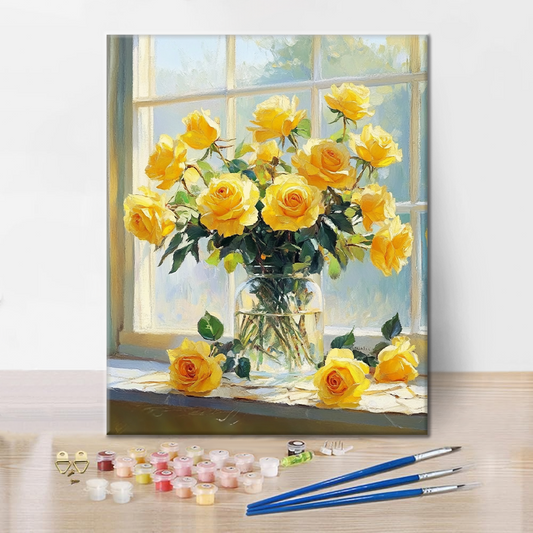 Soleil et Roses Jaunes - Peinture par Numéros