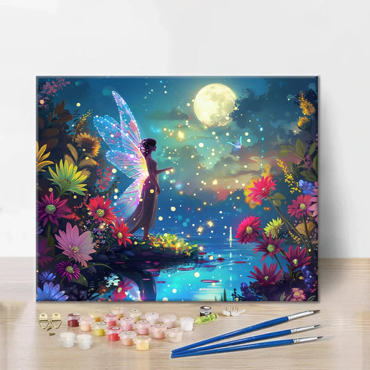 Fée au bord de l'étang au clair de lune - Peinture par numéros