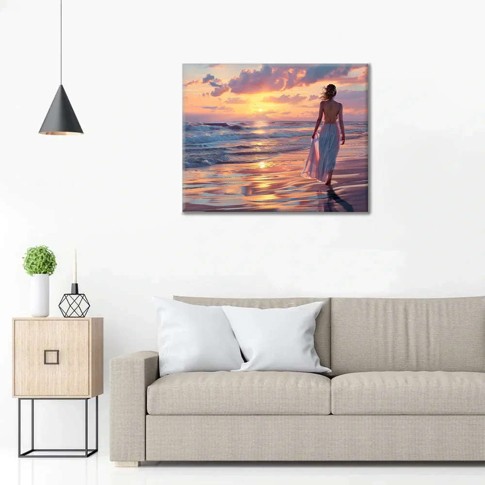 Promenade sur la plage au coucher du soleil - Peinture par numéros