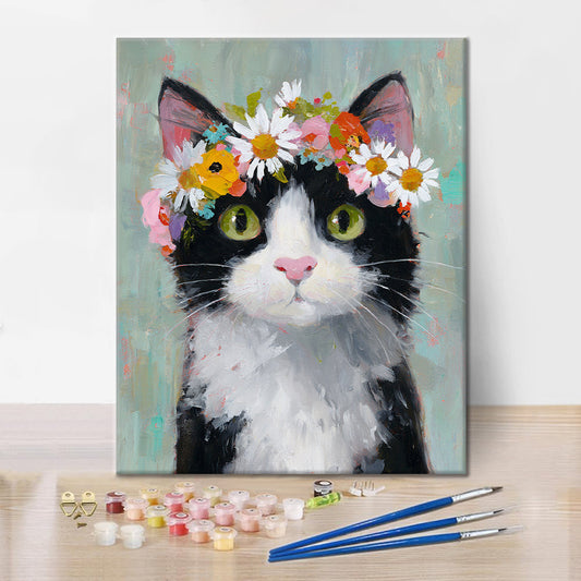 Un chat portant une couronne de fleurs - Peinture par numéros
