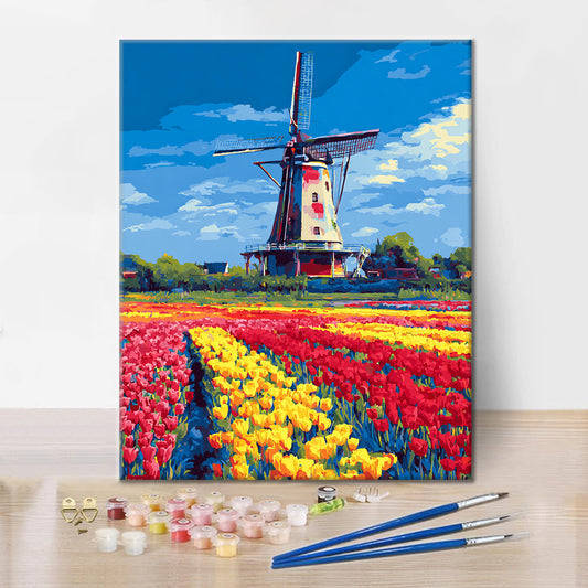 Moulin à vent aux tulipes - Peinture par numéros