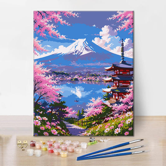Vue sur les cerisiers en fleurs – Peinture par numéros