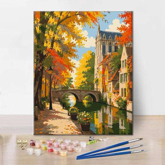 Canal d’automne et tour d’église – Peinture par numéros