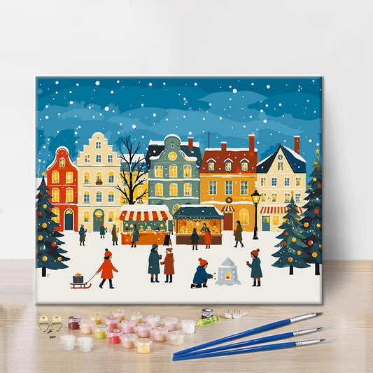 Place de marché de Noël enneigée – Peinture par numéros