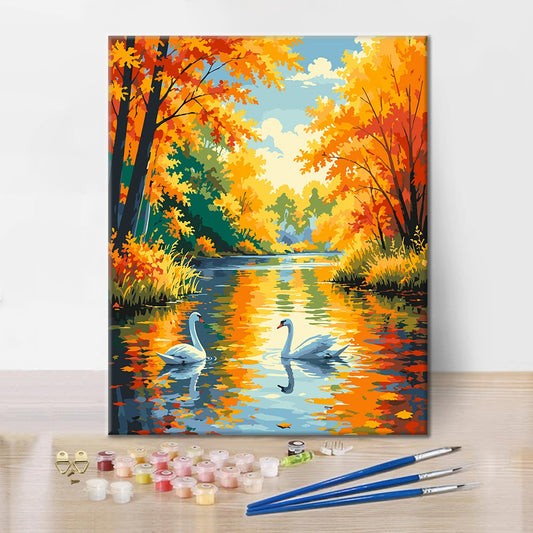 Cygnes sur une rivière d’automne – Peinture par numéros