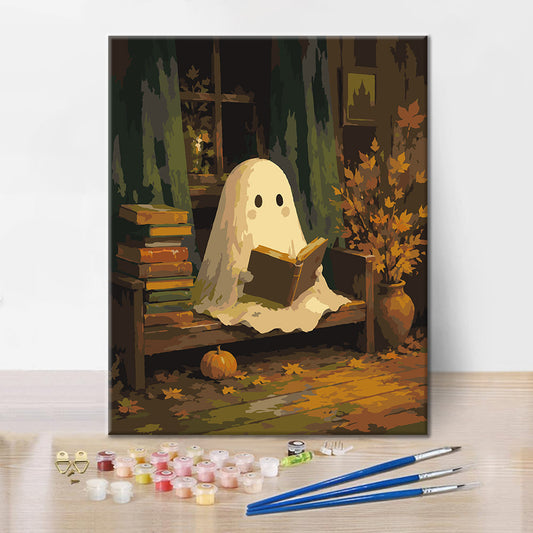 Fantôme lisant dans une bibliothèque d’automne – Peinture par numéros