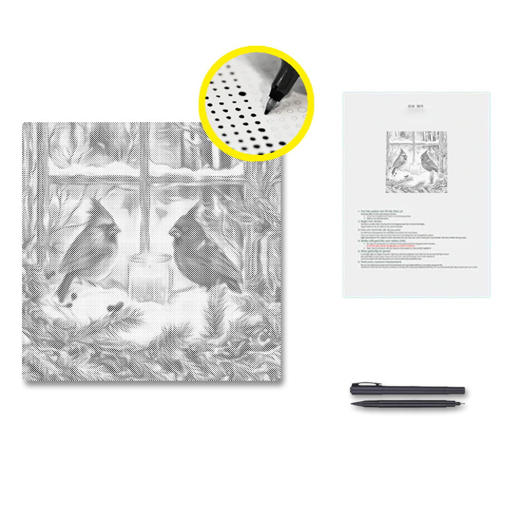 Cardinaux d'hiver à la fenêtre – Peinture à points