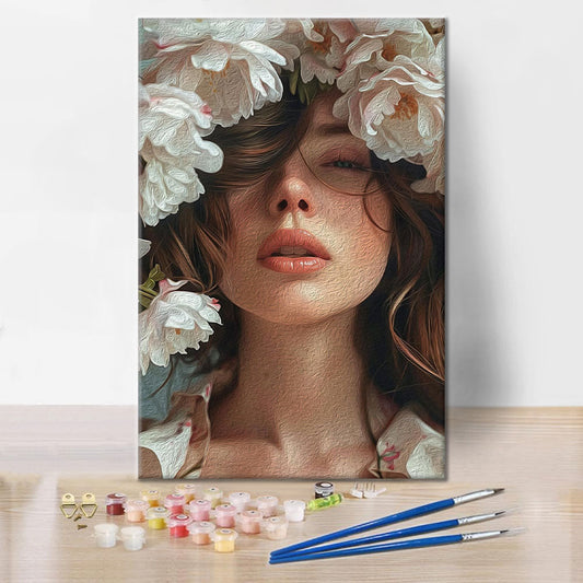 Belle fille portant une pivoine sur la tête - Peinture par numéros