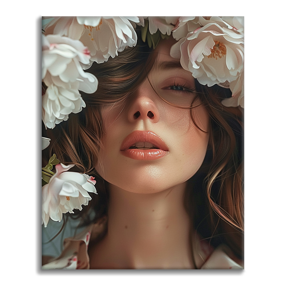 Belle fille portant une pivoine sur la tête - Peinture par numéros