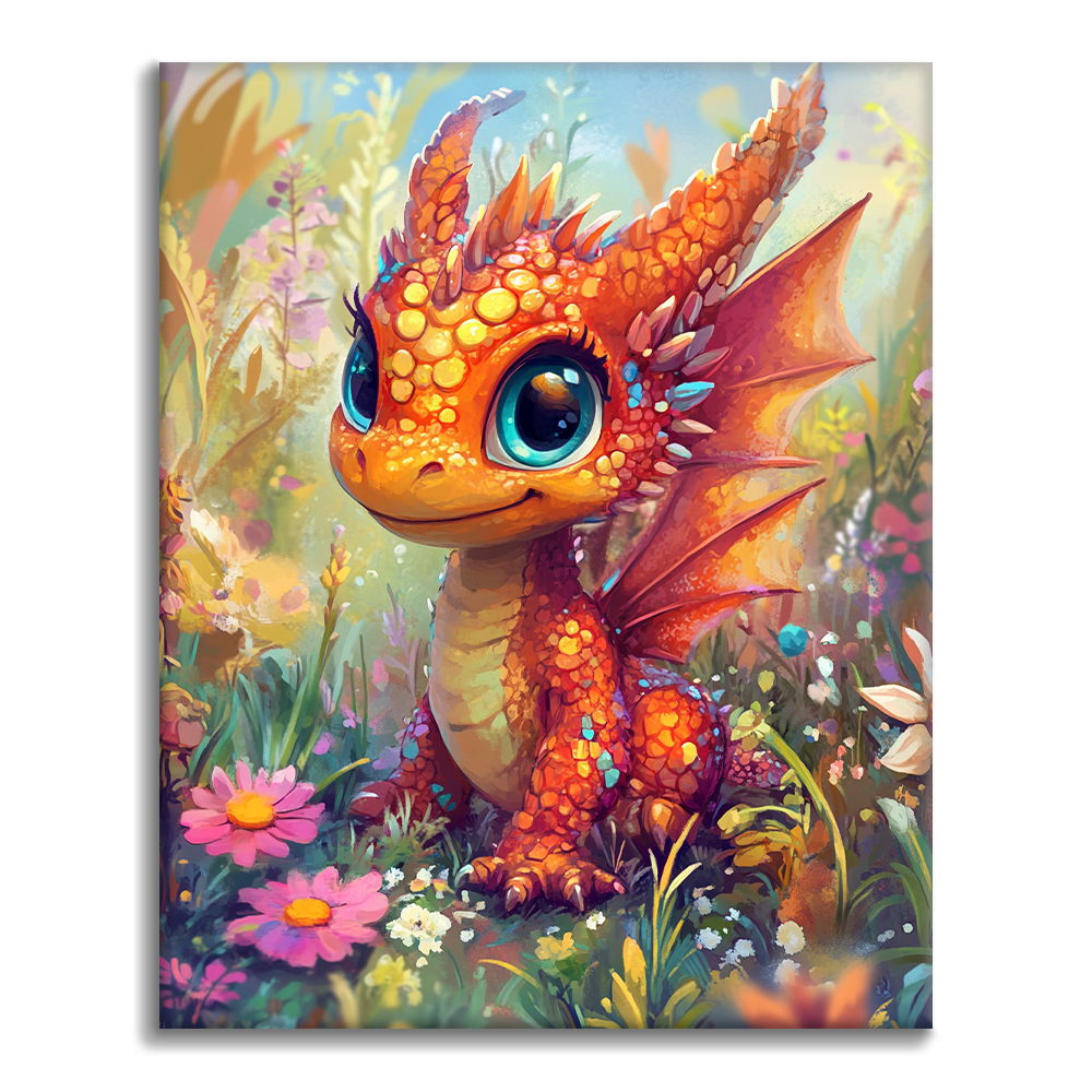 Bébé dragon orange au pays des merveilles des fleurs - Peinture par numéros