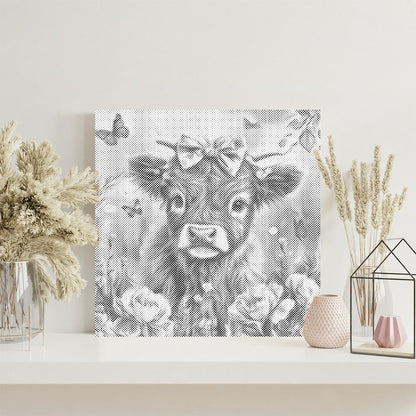 Adorable veau des Highlands avec des fleurs - Peinture à points