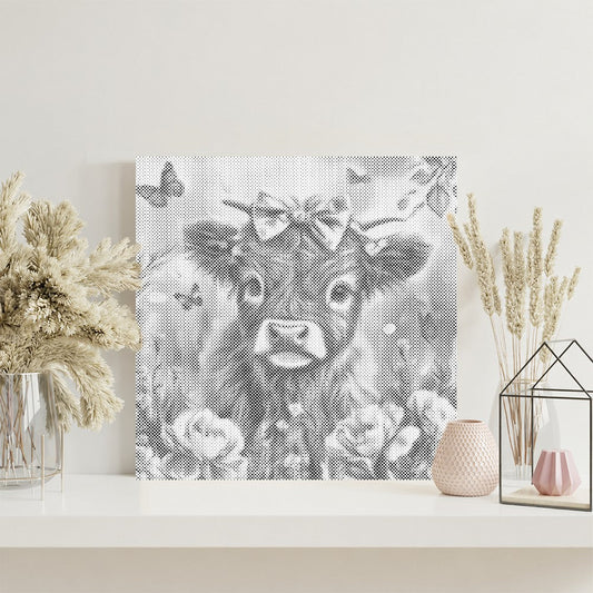 Adorable veau des Highlands avec des fleurs - Peinture à points