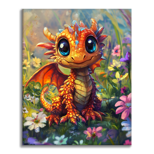 Joyeux petit dragon dans le champ de fleurs - Peinture par numéros