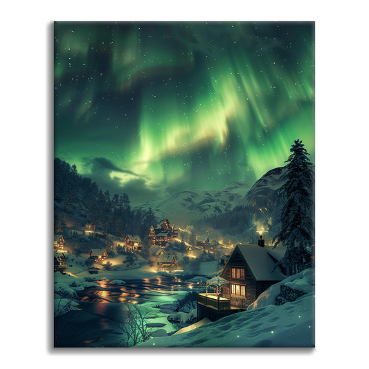 Village sous l'aurore boréale - Peinture par numéros