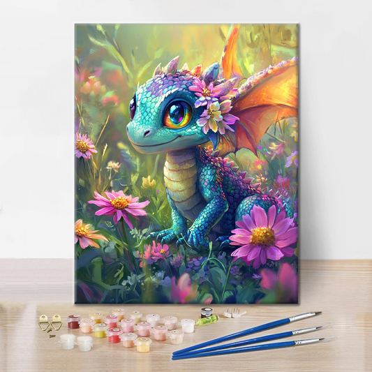 Dragon coloré au milieu des fleurs – Peinture par numéros