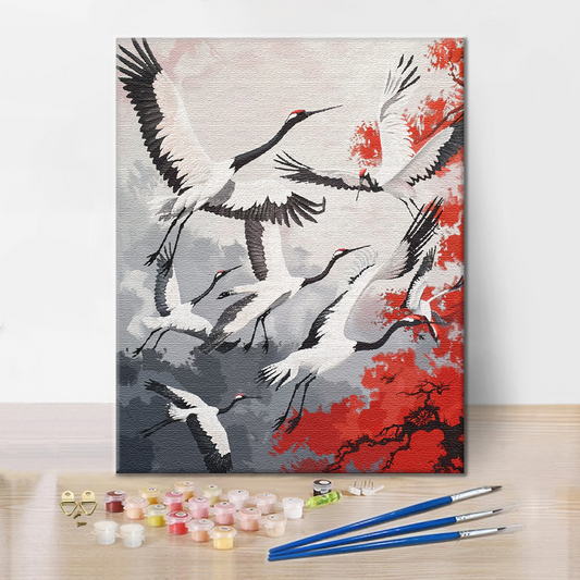 Groupe de grues à couronne rouge – Peinture par numéros