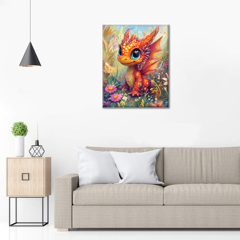 Bébé dragon orange au pays des merveilles des fleurs - Peinture par numéros