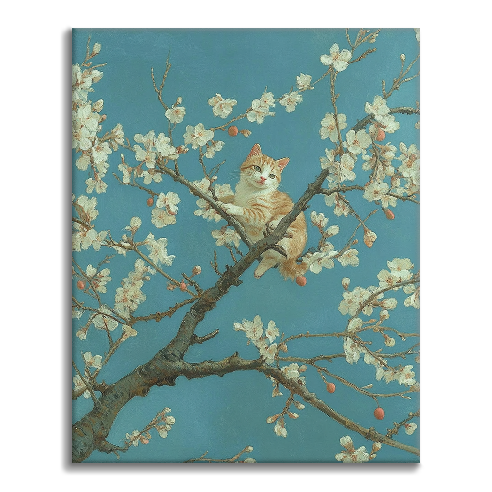 Arbre en Fleurs d'Abricot et Chat - Peinture par Numéros