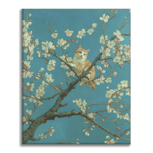 Arbre en Fleurs d'Abricot et Chat - Peinture par Numéros