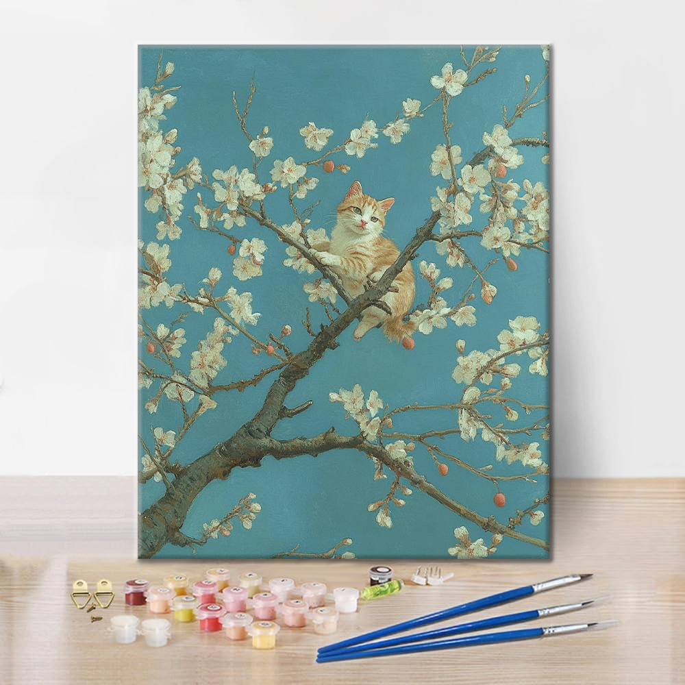 Arbre en Fleurs d'Abricot et Chat - Peinture par Numéros