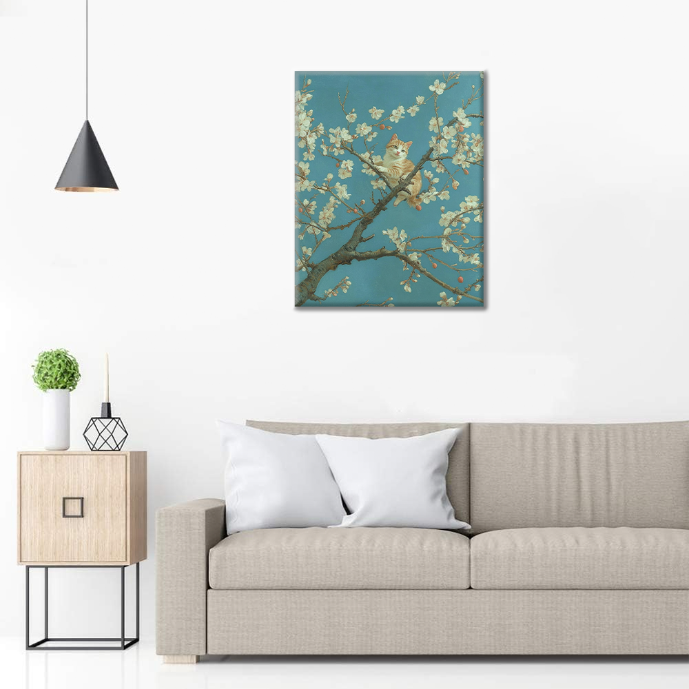 Arbre en Fleurs d'Abricot et Chat - Peinture par Numéros
